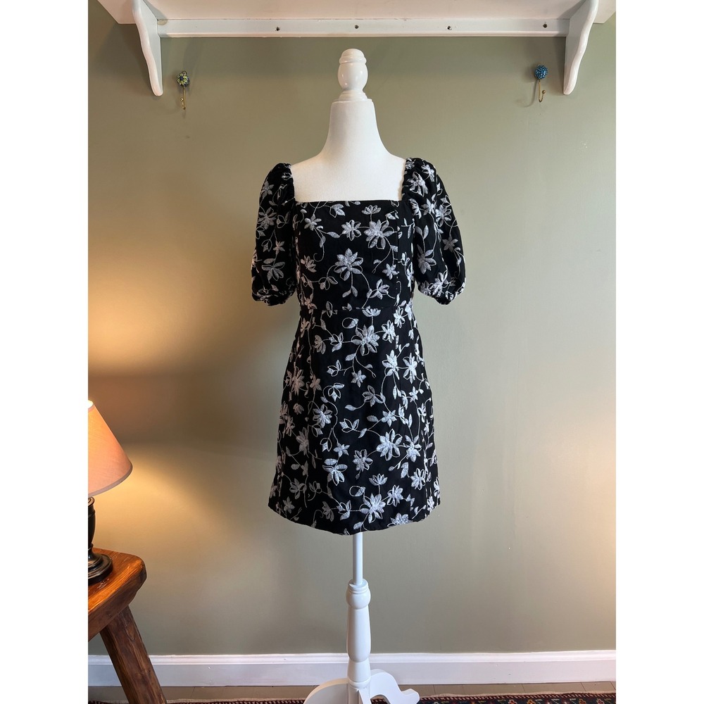 Blue Rain Black Floral Embroidered Sleeveless Ruffle Neck‎ Mini Dress Small